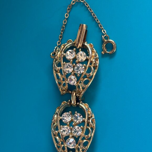 Vintage Coro Gold Tone Rhinestone Filagree Link Bracelet 7 Inch - Picture 9 of 10